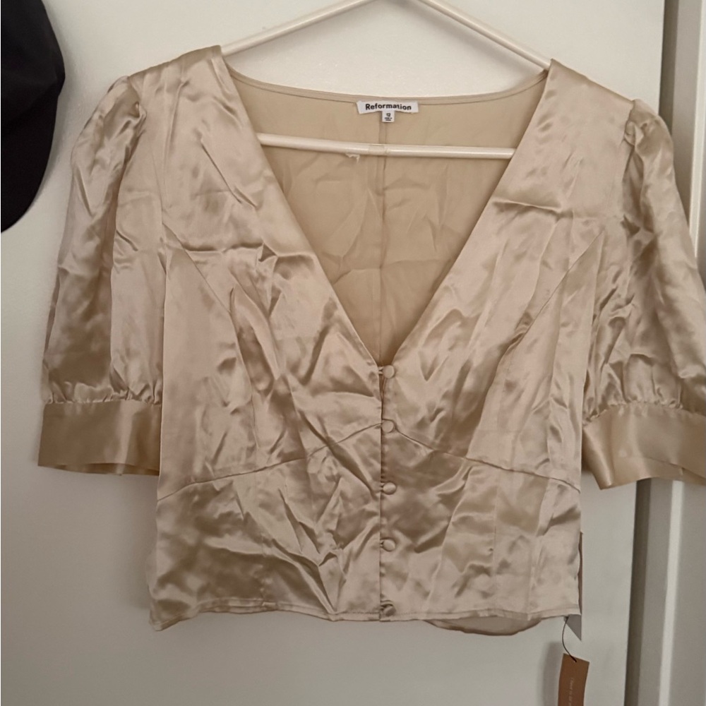 Reformation Champagne Satin V-Neck Button Blouse
